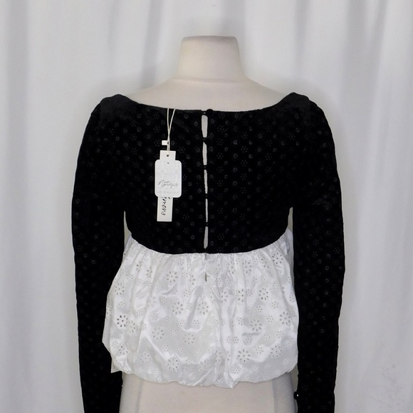 NWT!! FOR LOVE AND LEMONS Elisa Long Sleeve Top Black Velvet Taffeta Eyelet XS - Picture 10 of 16